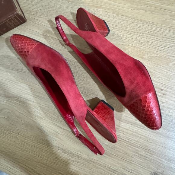 BBRUNO MAGLI Red VTG Pumps SZ 9 AA Cap Toe Slingback Heels Suede Snake Embossed - Picture 5 of 10